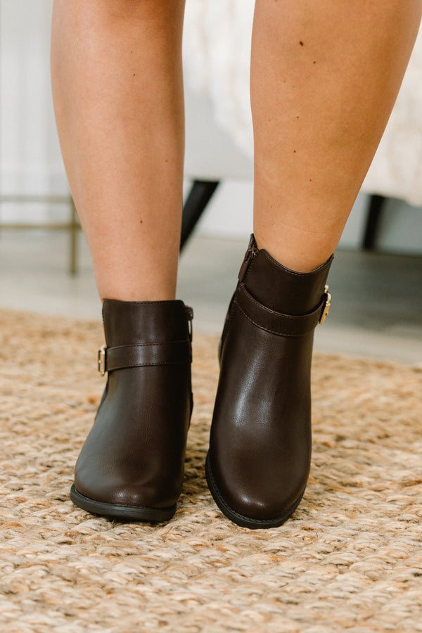 Chic Soul plus size clothing, brown leather ankle booties with strap on front with gold hardware with small block heel