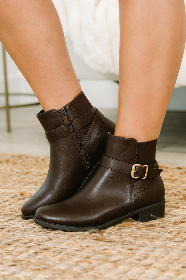 Chic Soul plus size clothing, brown leather ankle booties with strap on front with gold hardware with small block heel