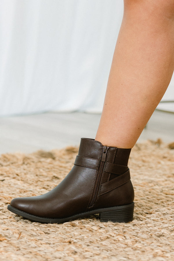 Chic Soul plus size clothing, brown leather ankle booties with strap on front with gold hardware with small block heel