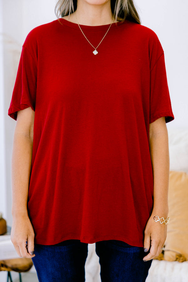 Chic Soul plus size clothing, solid burgundy crew neck tee