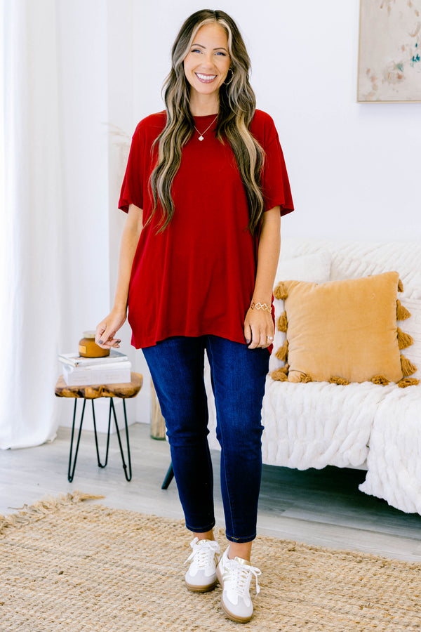 Chic Soul plus size clothing, solid burgundy crew neck tee