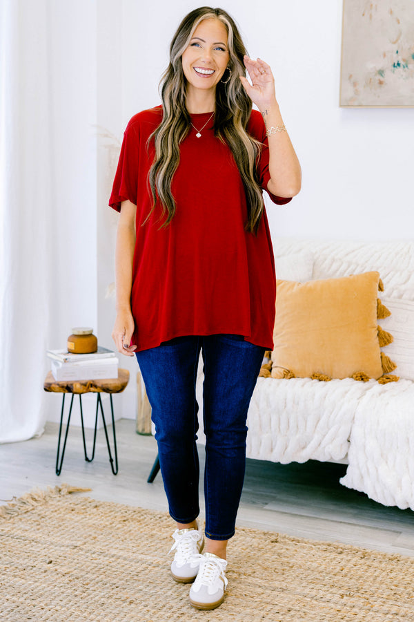 Chic Soul plus size clothing, solid burgundy crew neck tee