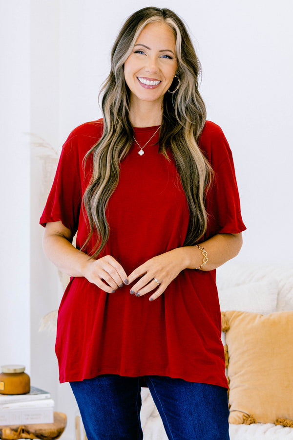 Chic Soul plus size clothing, solid burgundy crew neck tee