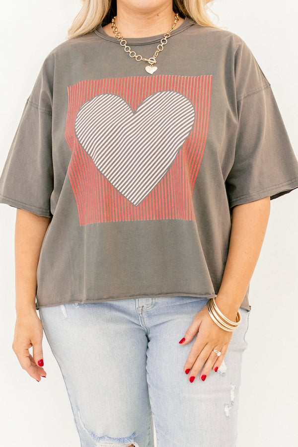 Chic Soul plus size clothing, charcoal gray short sleeve vintage wash slightly cropped tee with red square and white and black heart inside of it on the front of the tee
