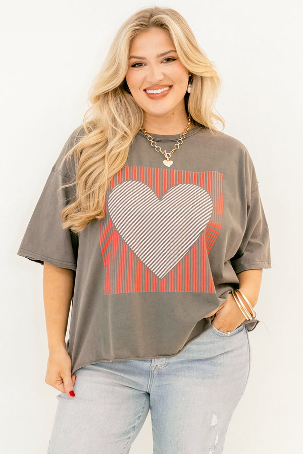 Chic Soul plus size clothing, charcoal gray short sleeve vintage wash slightly cropped tee with red square and white and black heart inside of it on the front of the tee
