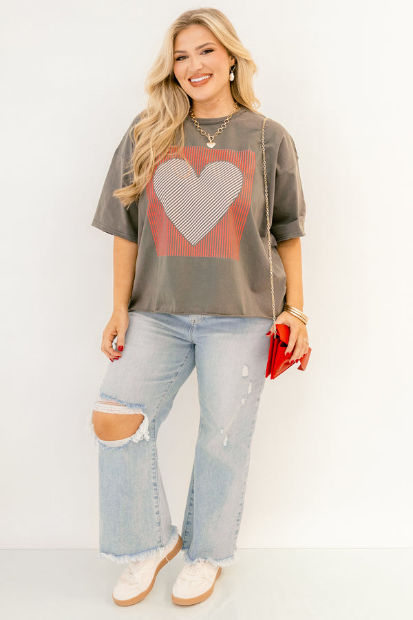 Chic Soul plus size clothing, charcoal gray short sleeve vintage wash slightly cropped tee with red square and white and black heart inside of it on the front of the tee
