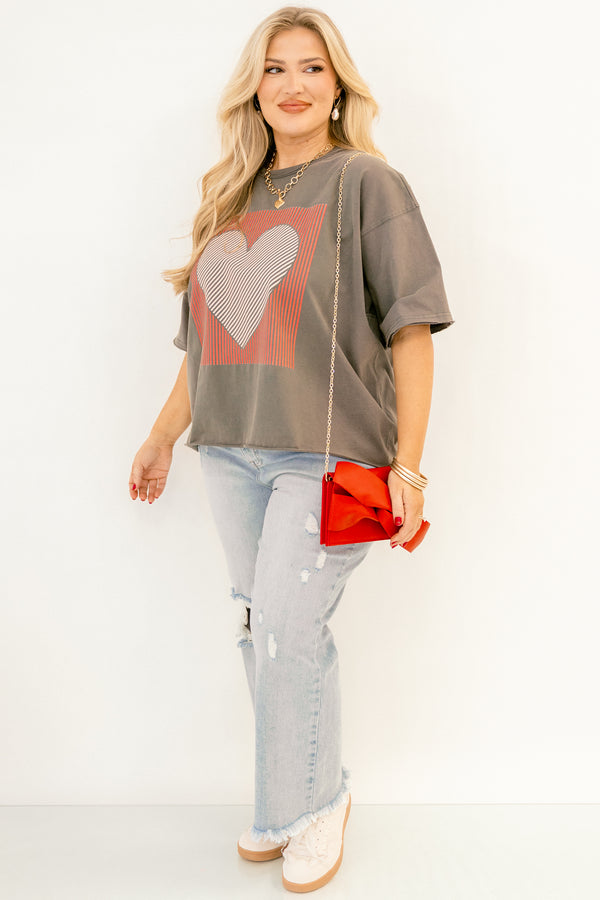 Chic Soul plus size clothing, charcoal gray short sleeve vintage wash slightly cropped tee with red square and white and black heart inside of it on the front of the tee