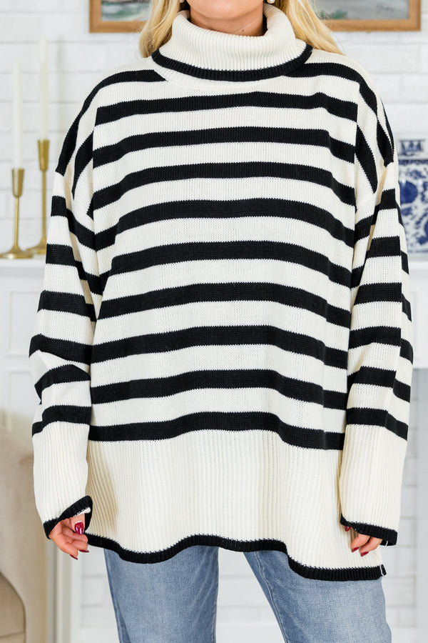 Chic Soul plus size clothing, long-sleeve black and ivory striped sweater with folded turtle-neck