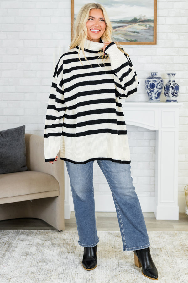 Chic Soul plus size clothing, long-sleeve black and ivory striped sweater with folded turtle-neck