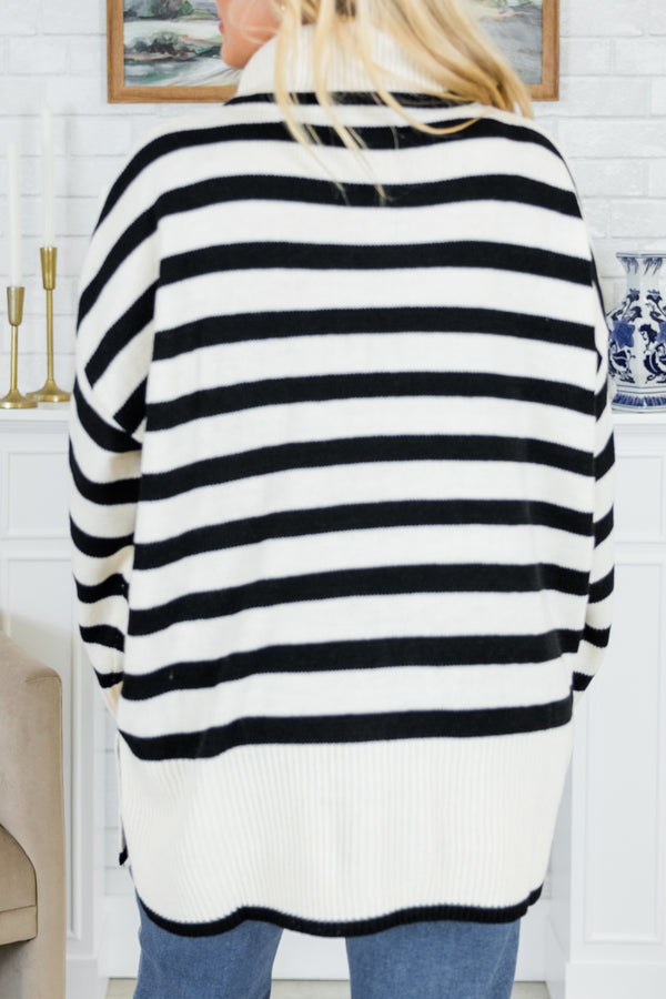 Chic Soul plus size clothing, long-sleeve black and ivory striped sweater with folded turtle-neck