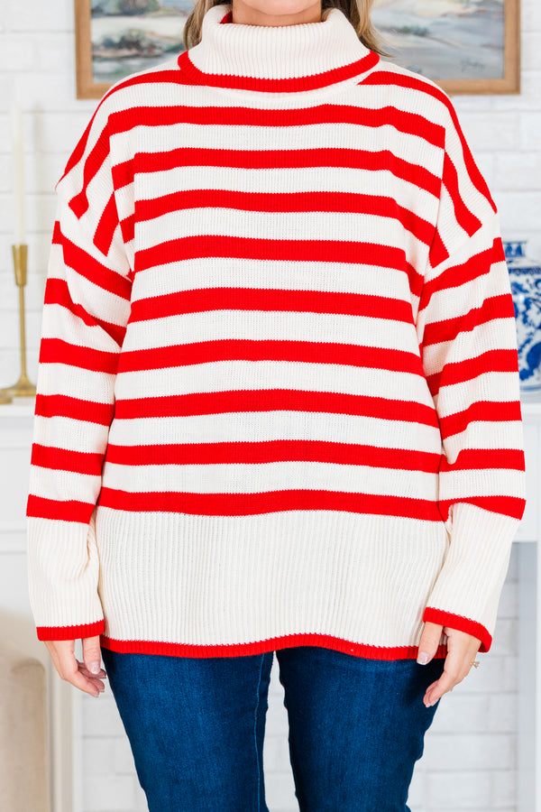 Chic Soul plus size clothing, red and white striped knitted turtleneck sweater