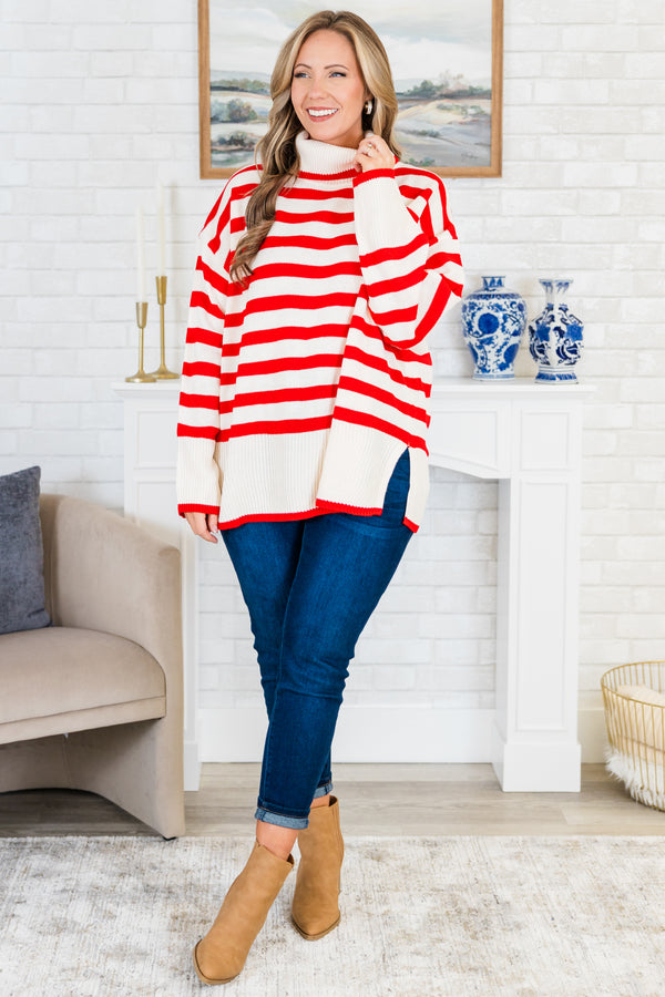 Chic Soul plus size clothing, red and white striped knitted turtleneck sweater
