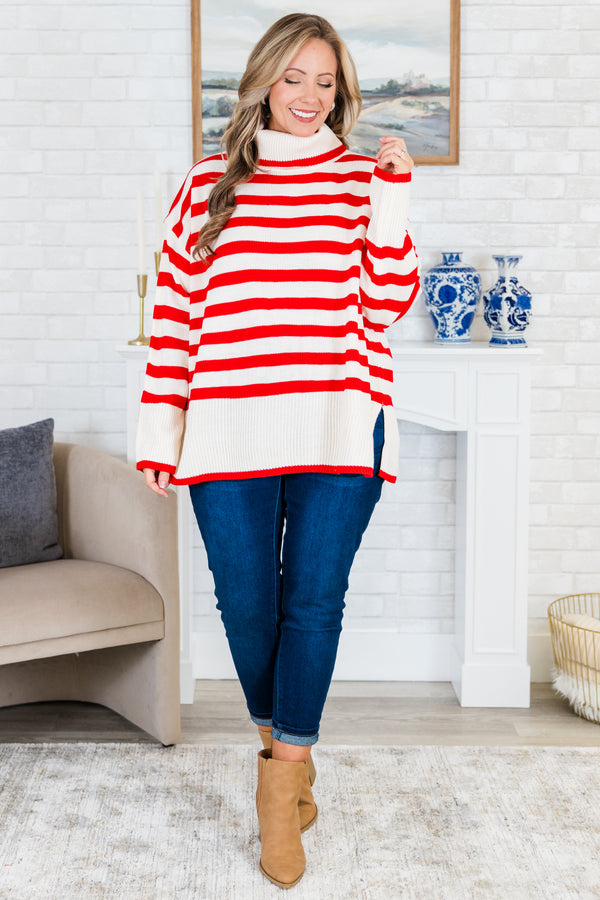 Chic Soul plus size clothing, red and white striped knitted turtleneck sweater