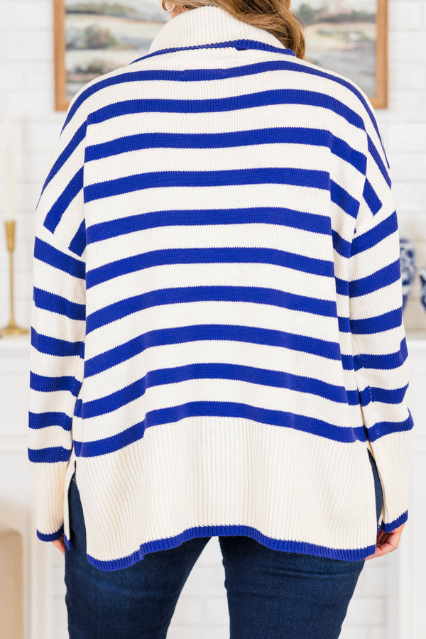 Chic Soul plus size clothing, long-sleeve ribbed royal blue and ivory striped sweater with folded turtle-neck