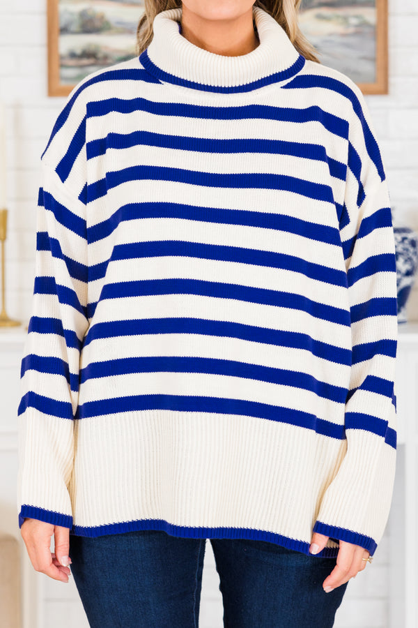 Chic Soul plus size clothing, long-sleeve ribbed royal blue and ivory striped sweater with folded turtle-neck