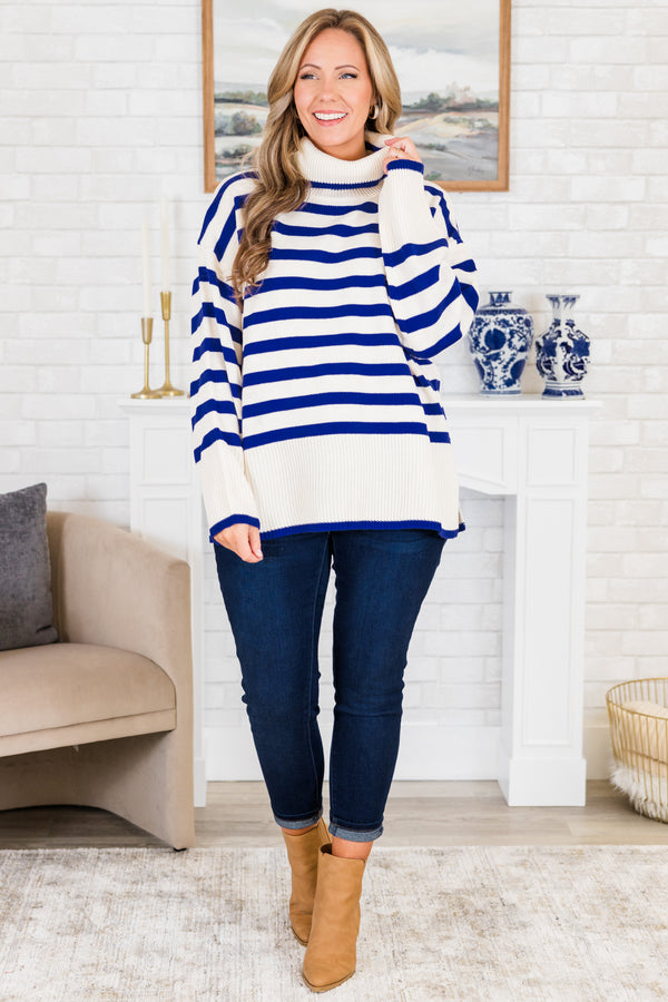 Chic Soul plus size clothing, long-sleeve ribbed royal blue and ivory striped sweater with folded turtle-neck