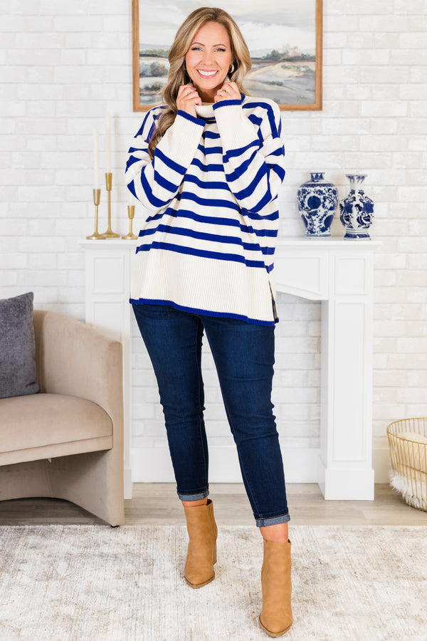 Chic Soul plus size clothing, long-sleeve ribbed royal blue and ivory striped sweater with folded turtle-neck