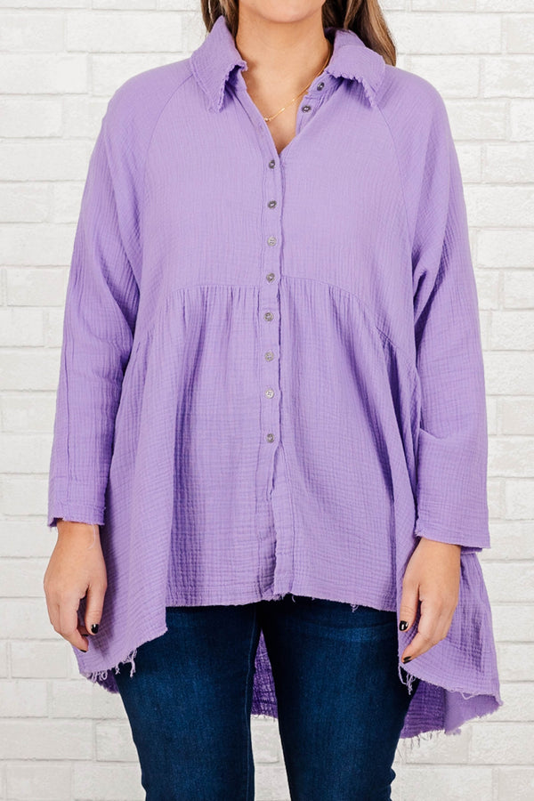 Chic Soul plus size clothing, lavender long sleeve babydoll button up top with collar