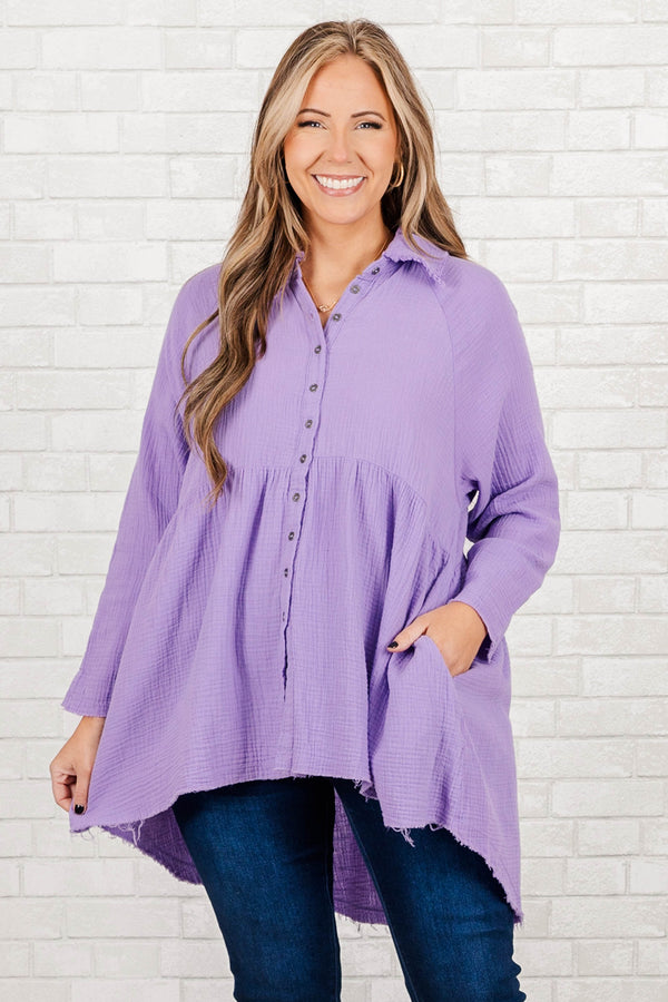 Chic Soul plus size clothing, lavender long sleeve babydoll button up top with collar