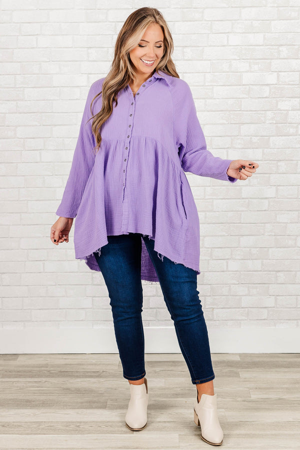 Chic Soul plus size clothing, lavender long sleeve babydoll button up top with collar