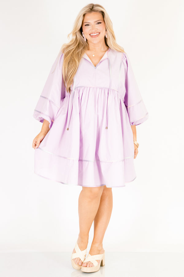 Chic Soul plus size clothing, light purple balloon midi sleeve short dress with pastel tie dye trim along the sleeves, bottom of the dress, empire waistline and drawstrings from the top of the v-neckline
