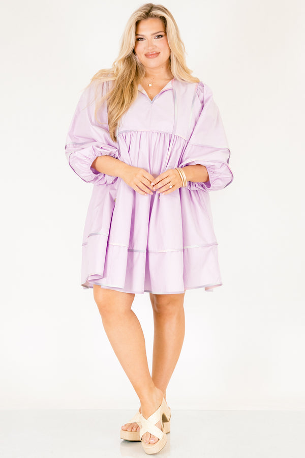 Chic Soul plus size clothing, light purple balloon midi sleeve short dress with pastel tie dye trim along the sleeves, bottom of the dress, empire waistline and drawstrings from the top of the v-neckline