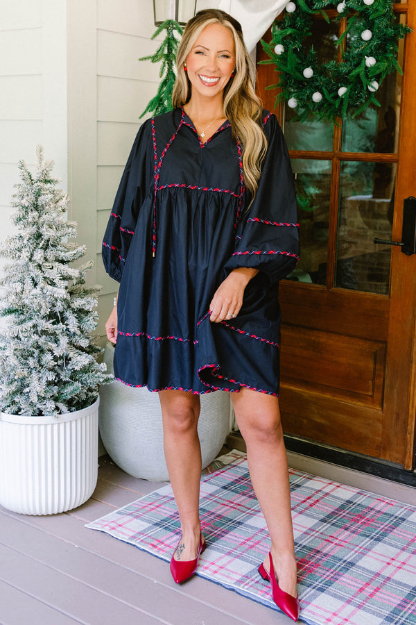 Chic Soul plus size clothing, navy puff long sleeve short dress with red and blue plaid trim along sleeves, bottom of dress, drawstrings, and top