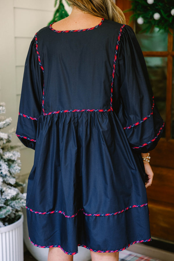 Chic Soul plus size clothing, navy puff long sleeve short dress with red and blue plaid trim along sleeves, bottom of dress, drawstrings, and top