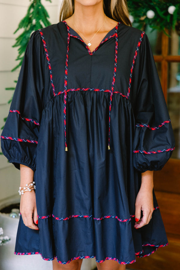 Chic Soul plus size clothing, navy puff long sleeve short dress with red and blue plaid trim along sleeves, bottom of dress, drawstrings, and top