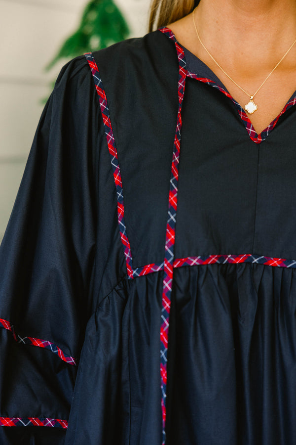 Chic Soul plus size clothing, navy puff long sleeve short dress with red and blue plaid trim along sleeves, bottom of dress, drawstrings, and top