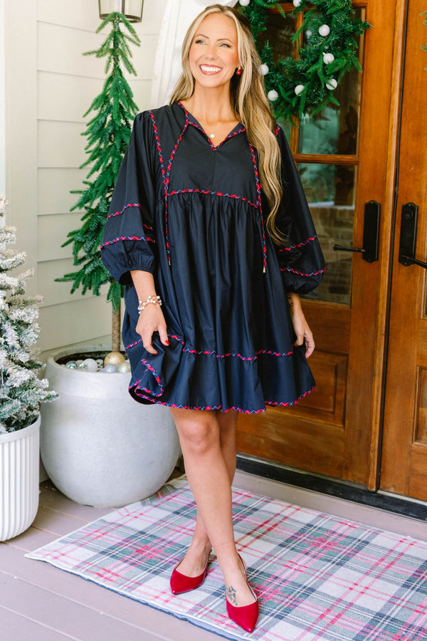 Chic Soul plus size clothing, navy puff long sleeve short dress with red and blue plaid trim along sleeves, bottom of dress, drawstrings, and top