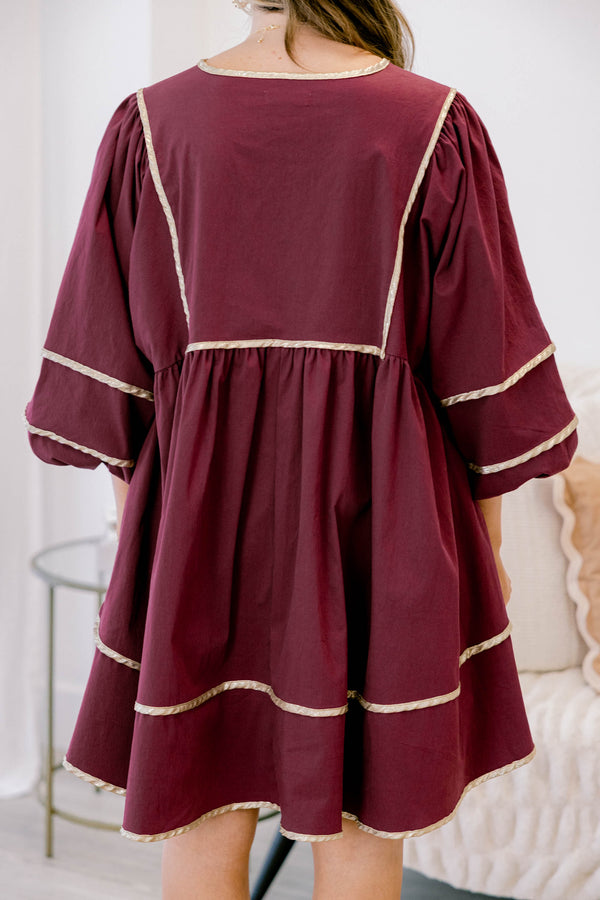 Chic Soul plus size clothing, dark red 1/ sleeve short baby doll dress with gold exterior detailing on the seams