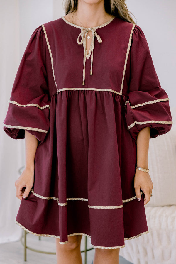 Chic Soul plus size clothing, dark red 1/ sleeve short baby doll dress with gold exterior detailing on the seams