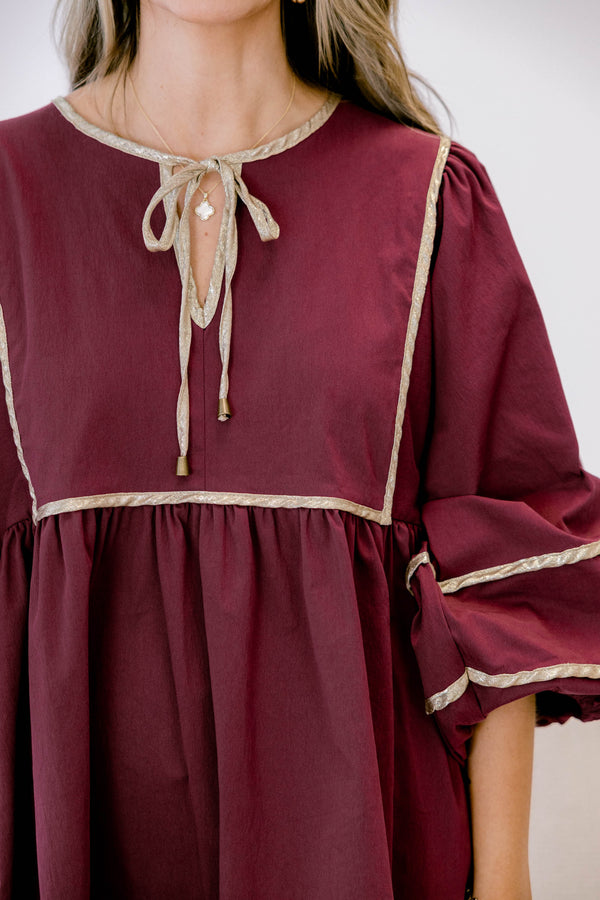 Chic Soul plus size clothing, dark red 1/ sleeve short baby doll dress with gold exterior detailing on the seams