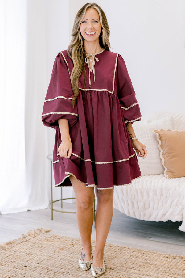 Chic Soul plus size clothing, dark red 1/ sleeve short baby doll dress with gold exterior detailing on the seams