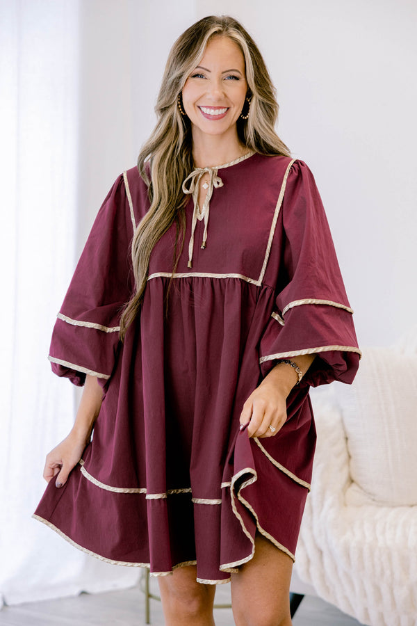 Chic Soul plus size clothing, dark red 1/ sleeve short baby doll dress with gold exterior detailing on the seams
