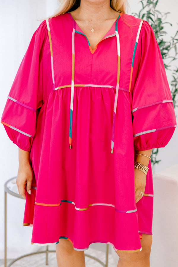 Chic Soul plus size clothing, fuchsia pink 1/4 sleeve short baby doll dress with multi color exterior detailing on the seams