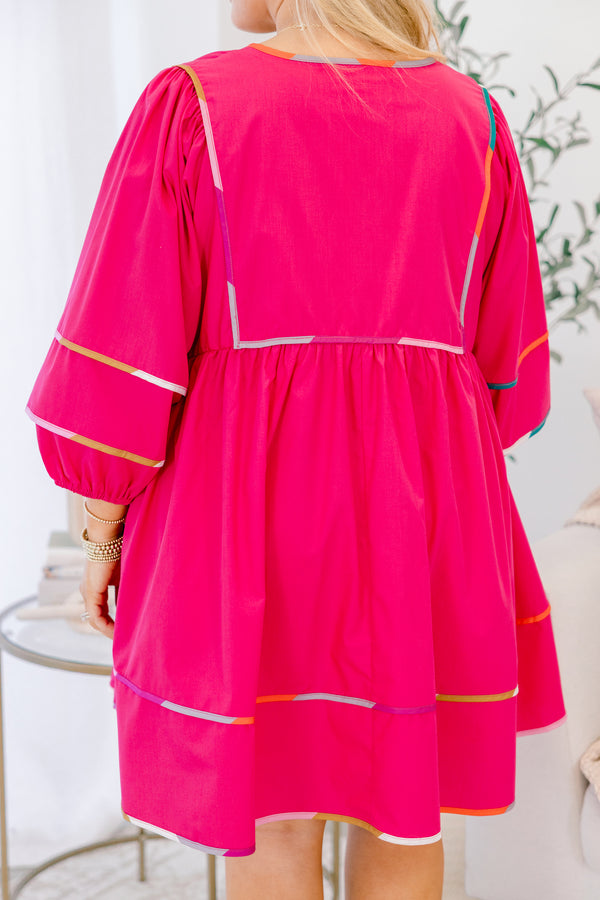 Chic Soul plus size clothing, fuchsia pink 1/4 sleeve short baby doll dress with multi color exterior detailing on the seams