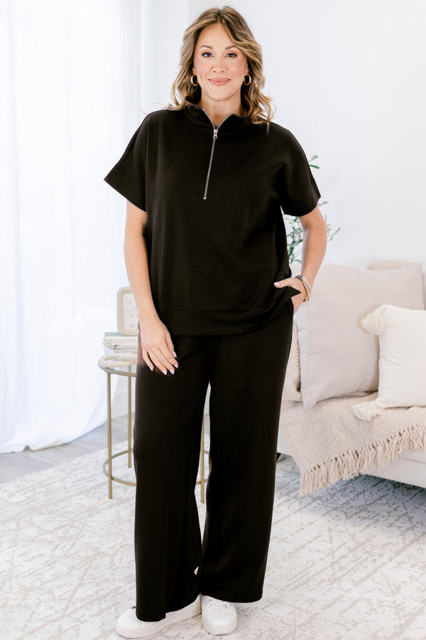 Chic Soul plus size clothing, black wide leg pants and short sleeve quarter zip top matching set