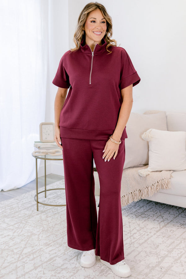 Chic Soul plus size clothing, burgundy wide leg pants and short sleeve quarter zip matching set 