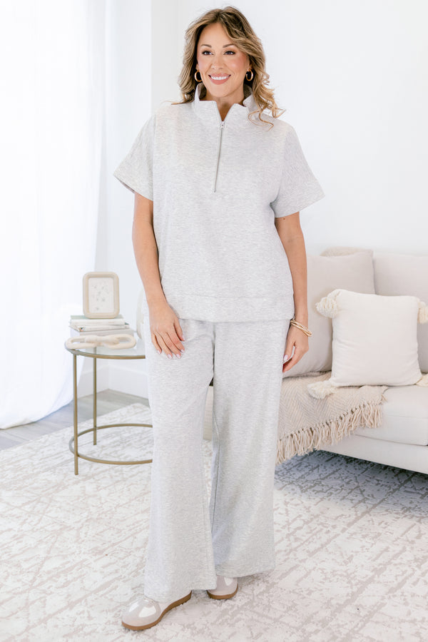 Chic Soul plus size clothing, heather grey wide leg pants and short sleeve quarter zip matching set 