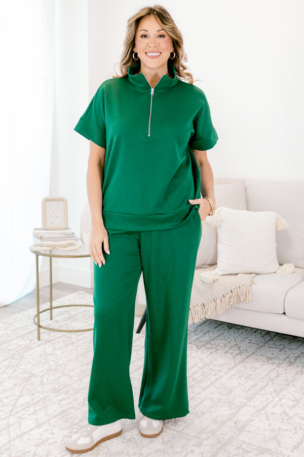 Chic Soul plus size clothing, green wide leg pants and short sleeve quarter zip matching set 