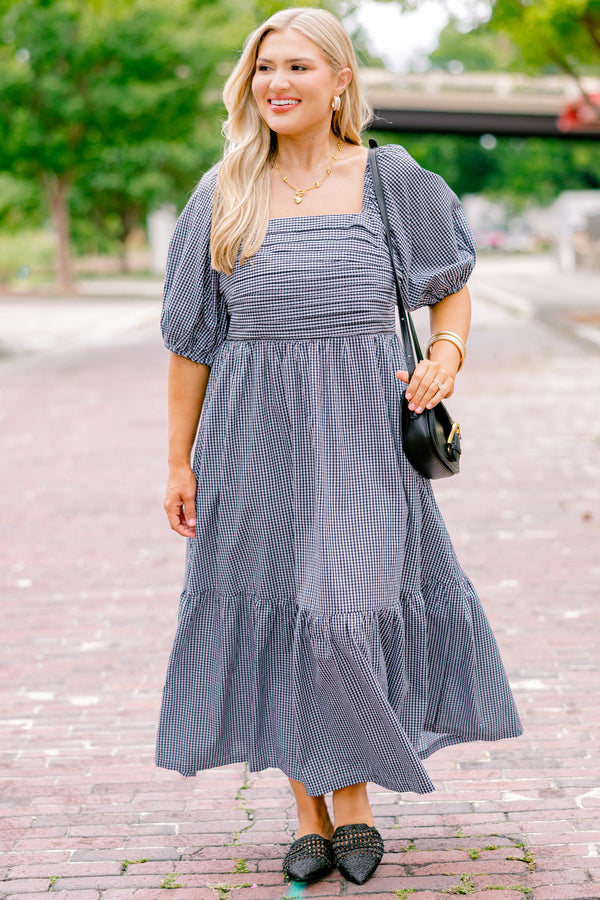 Chic Soul plus size clothing, black and white gingham puff short sleeve midi dress with structured top