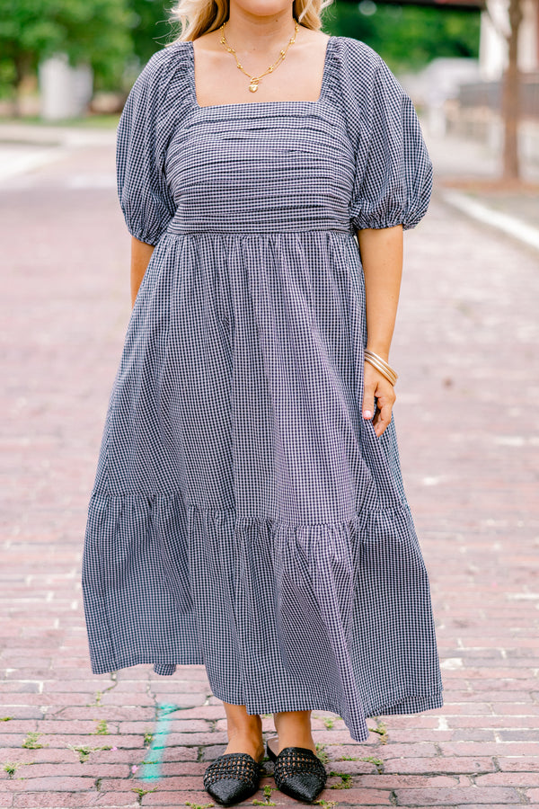 Chic Soul plus size clothing, black and white gingham puff short sleeve midi dress with structured top