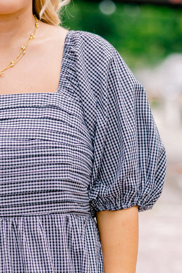 Chic Soul plus size clothing, black and white gingham puff short sleeve midi dress with structured top
