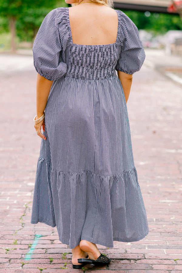 Chic Soul plus size clothing, black and white gingham puff short sleeve midi dress with structured top