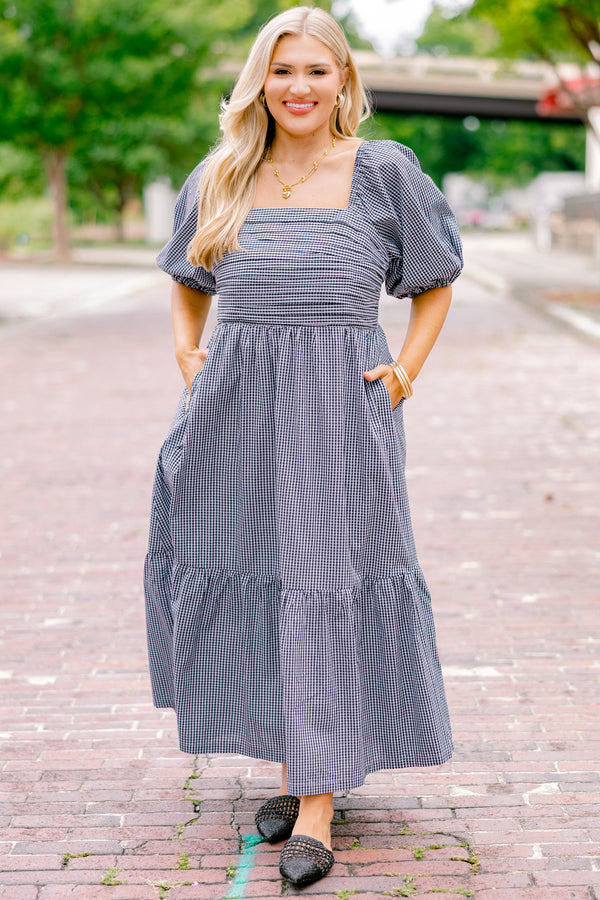 Chic Soul plus size clothing, black and white gingham puff short sleeve midi dress with structured top