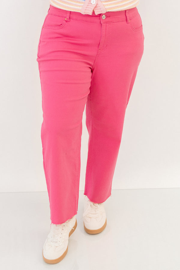 Chic Soul plus size clothing, pink straight leg jeans with frayed hemline