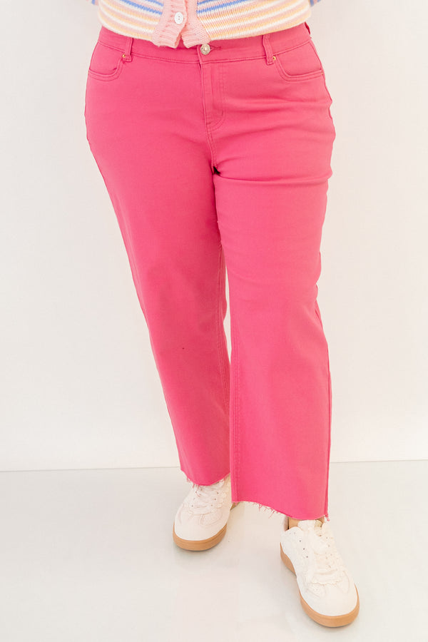 Chic Soul plus size clothing, pink straight leg jeans with frayed hemline