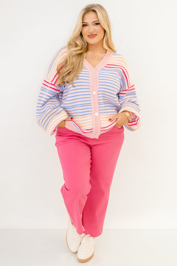 Chic Soul plus size clothing, pink straight leg jeans with frayed hemline